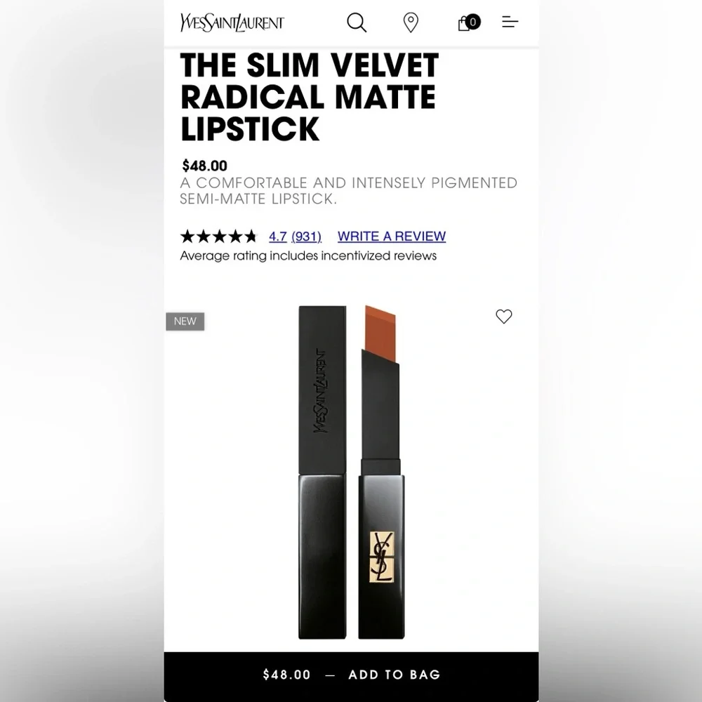 NEW Yves Saint Laurent THE SLIM VELVET RADICAL MATTE LIPSTICK #320